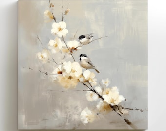 Two Birds Neutral Floral Painting Canvas Print: Minimalist Wall Art, Bird Lover Gift