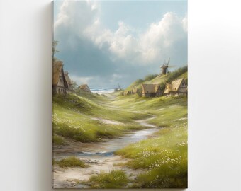 Könnte beinhalten: Ein Leinwanddruck einer ruhigen Landschaft mit einem Dorf in einem Tal. Das Kunstwerk zeigt strohgedeckte Häuser, einen sich schlängelnden Bach und eine Windmühle unter einem bewölkten Himmel. Die Farbpalette umfasst Grün-, Blau- und Brauntöne.