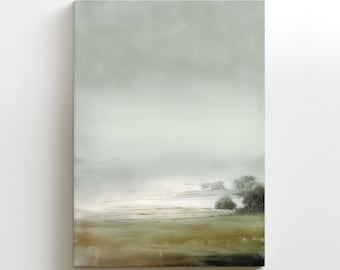 Gray Sage Green Hill Canvas Print: Large Misty Landscape Entryway Wall Art