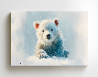 Lienzo impreso de cachorro de oso polar: Regalo ideal para decorar la habitación infantil en invierno.
