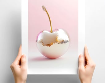Gold Cherry Physical Poster Print: Pink Ombre Y2K Glam Wall Art