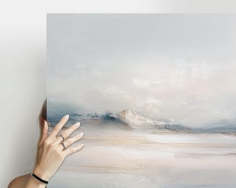 Minimalistische canvasprint met berglandschap: abstract grijsbeige landschap, ideaal als decoratie of cadeau.