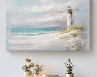 Coastal Lighthouse Painting Canvas Print: Beach Seascape Nautical Decor