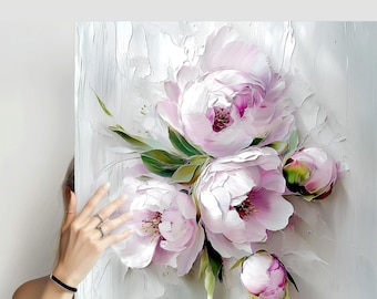 Expressionistisches Gemälde „Blush Peony“ auf Leinwand: Elegantes botanisches Wandbild als Geschenk