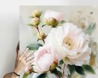 Canvasprint zachte pioenroos schilderij: elegante muurkunst pioenroos, Moederdagcadeau