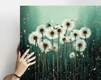 Moody Dandelion Canvas Print: Whimsical Teal Botanical Nature Wall Art, Dark Academia Decor