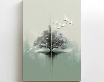 Minimalist Tree & Bird Canvas Print: Sage Olive Green Nature Wall Art Gift