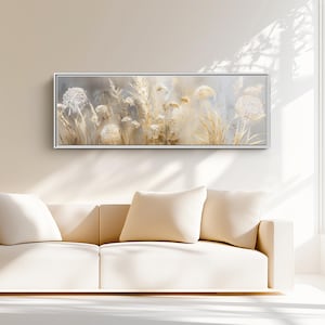 Impresión botánica neutra panorámica enmarcada en lienzo: Arte mural grande de flores silvestres