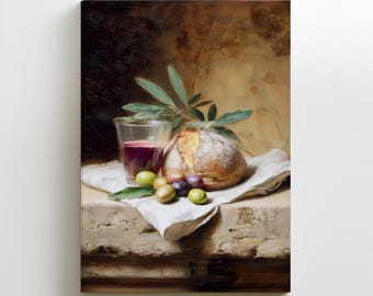 May include: A still life painting featuring a loaf of bread, a glass of red liquid, olives, and olive branches. The bread is round and dusted with flour. The olives are green and purple. The glass is clear, and the background is a warm brown.
