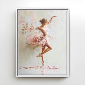 May include: A framed wall art print featuring an oil painting of a dancer in a light pink dress adorned with floral petals. The dancer is captured in a graceful pose with one leg raised, surrounded by scattered pink petals on a light background.