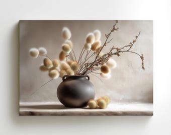 Rustic Botanical Canvas Print: Warm Earth Tone Still Life Clay Vase Wall Art