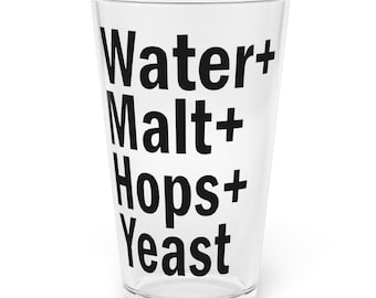 Water Malt Hops Yeast Pint Glass - Craft Beer Brewing - 16oz