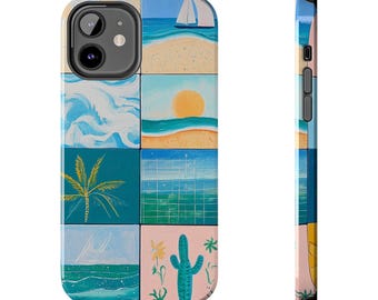 May include: A phone case with a collage of summer-themed illustrations. The case features a sailboat, palm trees, waves, a cactus, and a grid pattern. The case is designed for a smartphone with a camera cutout.