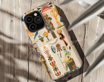 May include: A colorful phone case with an Egyptian theme. The case features a variety of hieroglyphs, symbols, and figures, including a bird, a flower, and a person holding a staff. The case is designed for an iPhone.