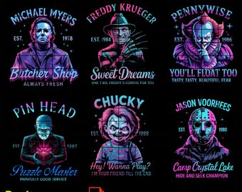 Neon Horror Characters PNG: Retro Halloween Designs