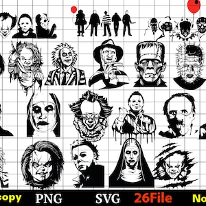 May include: Black and white illustrations of various horror movie characters, including Michael Myers, Freddy Krueger, and Pennywise. The image also includes silhouettes of iconic figures and the text "Don't copy PNG SVG 26File No resale."