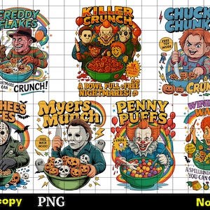 Op de afbeelding: Een verzameling kleurrijke grafische ontwerpen met horrorfilmkarakters en thematische ontbijtgranenkommen. Elk ontwerp bevat tekst zoals "Freddy Flakes", "Killer Crunch" en "Chucky Chunks", met extra tekst en afbeeldingen.