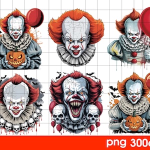 May include: A collection of six digital illustrations featuring a scary clown with red hair, white face paint, and a ruffled collar. Some images include a red balloon, a carved pumpkin, and bats. The clown has a sinister expression.
