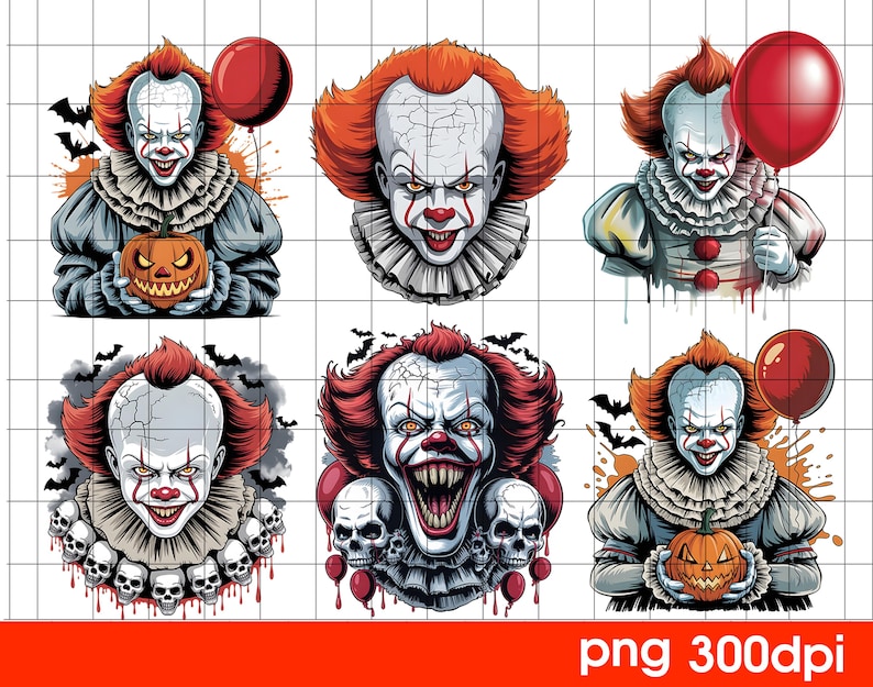 Puede incluir: Seis ilustraciones digitales de un payaso aterrador con cabello rojo, pintura facial blanca y un cuello con volantes. Algunas im&aacute;genes incluyen un globo rojo, una calabaza tallada y murci&eacute;lagos. El payaso tiene una expresi&oacute;n siniestra.