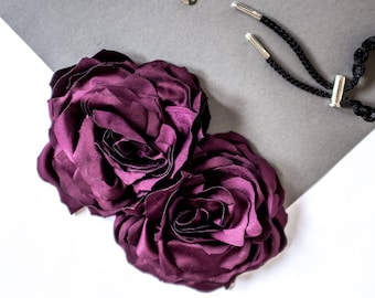 Two flower brooch, fabric handmade flower pin, flower composition / burgundy, wine, reddish purple