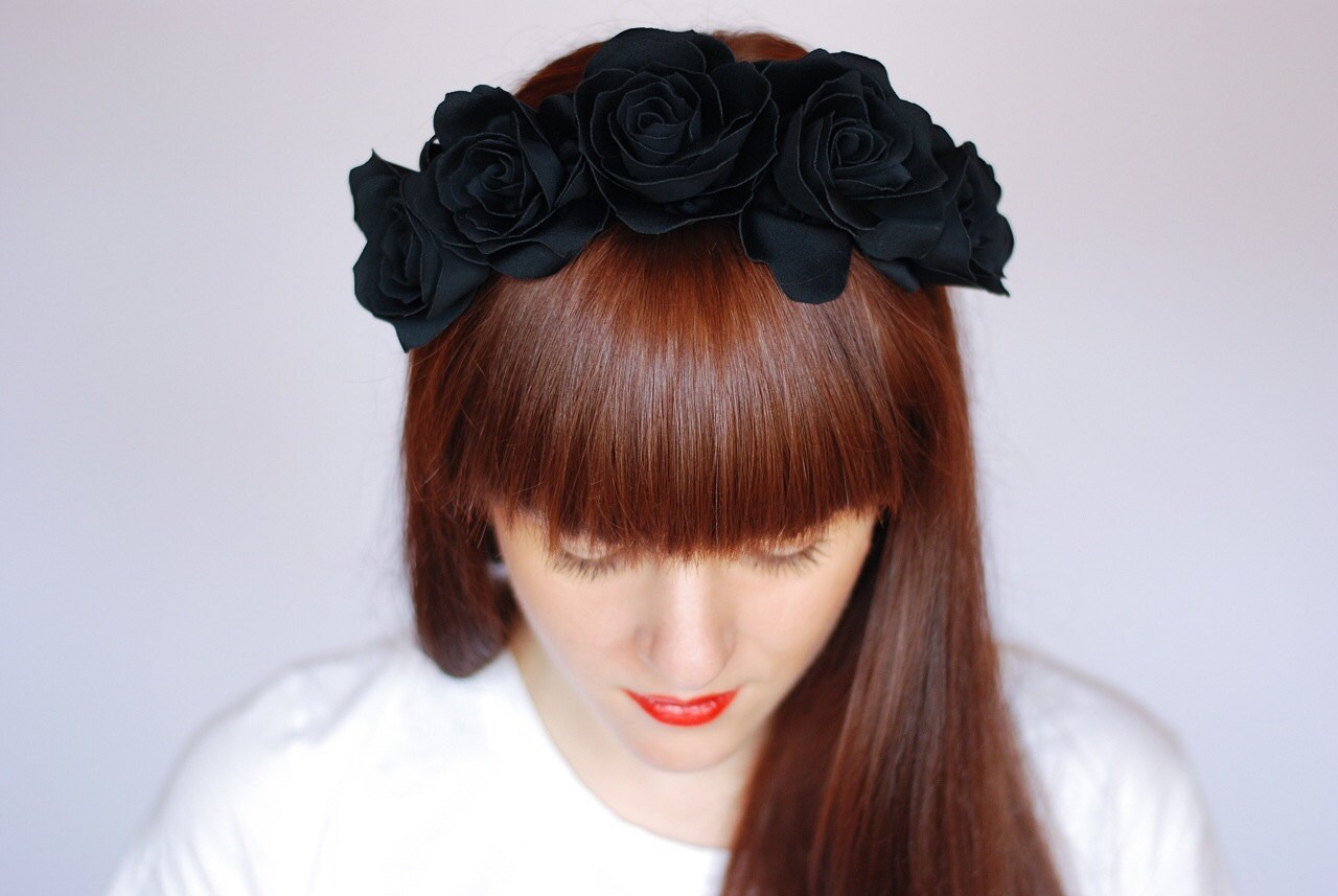 Black Rose Flower Crown Black Rose Headband Black Flower Etsy