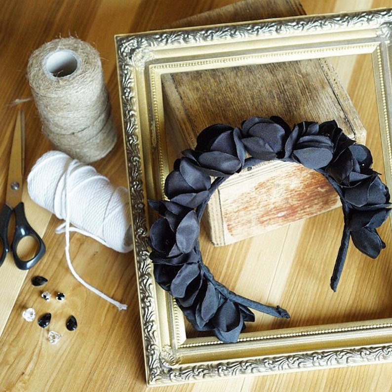 Black Rose Flower Crown Black Rose Headband Black Flower Etsy
