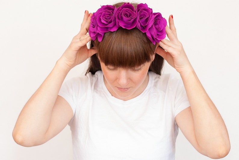 Magenta flower headband, rose crown, festival floral headpiece, hair accessory for girl women, bohemian head band image 2