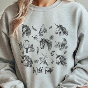 Faith Sweatshirt, Unicorn Sweatshirt, Vintage Forestcore Sweater, Fairycore Top, Mystical Unicorn Shirt, Bird Shirt, Unicorn Lover Gift