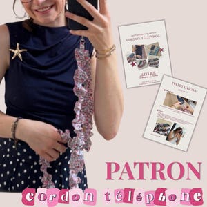 May include: A sewing pattern for a ruffled floral fabric phone strap, featuring two instructional sheets with text and photos, including the titles CORDON TÉLÉPHONE, INSTRUCTIONS, and ATELIER PENSÉES DORÉES, presented alongside a finished strap.