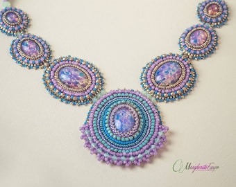 Aurora handmade necklace with dicroic glass cabochon and swarovski crystals.