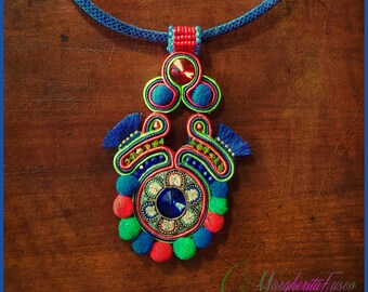 Pachamama handmade soutache necklace with old micromosaic as focal piece.