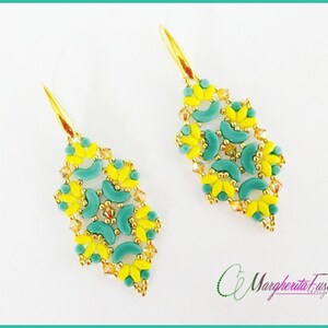 May include: A pair of gold dangle earrings with a geometric design featuring yellow, teal, and clear beads.