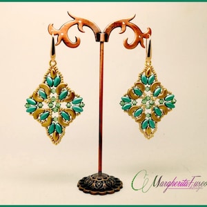 How to make Paola earrings using arcos, iris duo, bicone and seed beads. Step by step pdf tutorial/patter