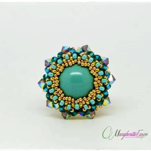 How to make Anna ring. Bead pattern, tutorial with swarovski and seed beads. DIY ring