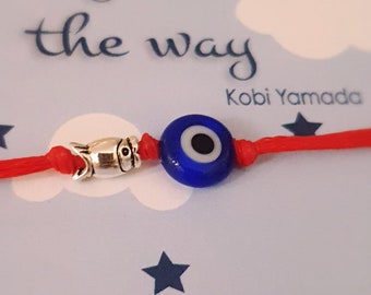 Lucky Red Bracelet with Sterling Silver Fish Charm and Blue Evil Eye-Adjustable Red Waxed Cord Bracelet Gift-Nazar Bracelet-Fish Bracelet