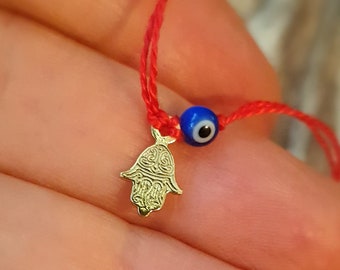 Hamsa Bracelet and Tiny Blue Evil Eye on Red String of Fate-Goldfilled or Sterling Silver Hamsa Hand Charm-Lucky Evil Eye Bracelet Gifts