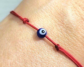 Thin Red String-Unisex Bracelet-Red Sliding Knot Bracelet-Adjustable Cord Bracelet for Him-Surfer Bracelet-Minimalist Blue Evil Eye String