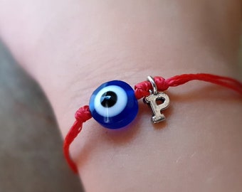 Baby Initial Bracelet-Kids Evil Eye Bracelet-Blue Evil Eye Bracelet with Solid Silver Initial-Baby Girl Lucky Bracelet-Holiday Gift for Her