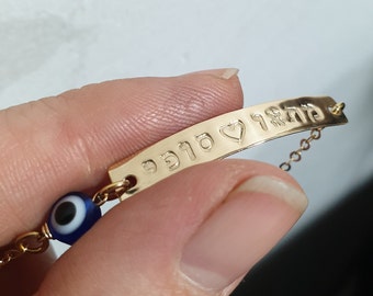 Name Jewelry Gift for Her-Hebrew Bracelet-Hebrew Name Bracelet-Custom Hebrew Bracelet-Hebrew Jewelry-Blue Evil Eye Bracelet with Baby Name