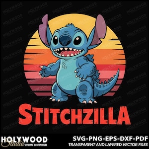 Descarga de diseño digital de fan art de Stitchzilla, imprimible de un lindo monstruo retro al atardecer, póster divertido de dibujos animados, Kaiju de estilo vintage