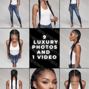 May include: A collection of nine luxury photos and one video featuring a model in a white tank top and blue jeans. The model has long, braided hair. The images are set against a neutral background.