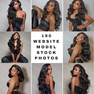 May include: A collection of nine images showcasing models with long, wavy black hair. The models are dressed in black attire. The text "190 WEBSITE MODEL STOCK PHOTOS" is centrally positioned within the image.