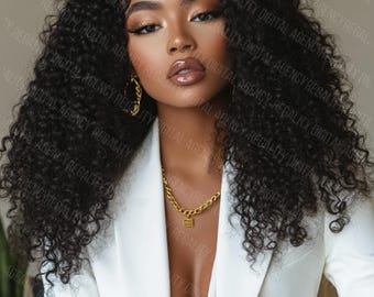 May include: A woman with dark curly hair wearing a white blazer and gold jewelry. She is wearing a gold chain necklace with a square pendant and large gold hoop earrings.