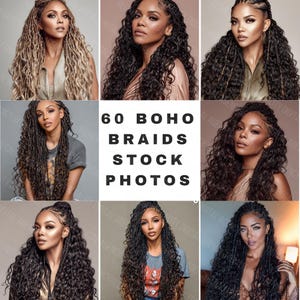 Puede incluir: Una colección de nueve imágenes que presentan a mujeres con varios estilos de trenzas bohemias. Las imágenes muestran diferentes colores de cabello y patrones de trenzas. El texto "60 BOHO BRAIDS STOCK PHOTOS" se muestra en el centro de la imagen.