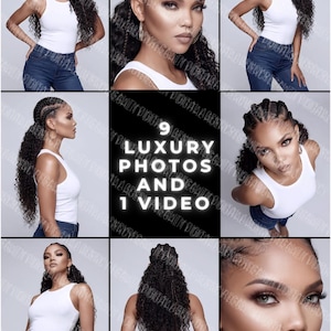 Könnte beinhalten: Eine Sammlung von neun Luxusfotos und einem Video mit einem Model in einem weißen Tanktop und blauen Jeans. Das Model hat lange, dunkle, lockige Haare, die in Zöpfen gestylt sind. Die Bilder zeigen verschiedene Posen und Winkel.