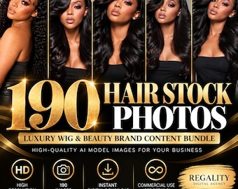 May include: A digital collection of 190 hair stock photos featuring models with various black hairstyles. The graphic includes the text 190 HAIR STOCK PHOTOS, LUXURY WIG & BEAUTY BRAND CONTENT BUNDLE, and REGALITY DIGITAL AGENCY with icons.