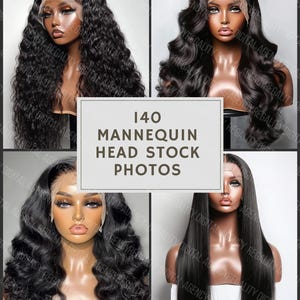 May include: Four mannequin heads displaying black hair wigs in various styles. The wigs feature textures such as wavy, curly, and straight. The image includes the text "140 MANNEQUIN HEAD STOCK PHOTOS".