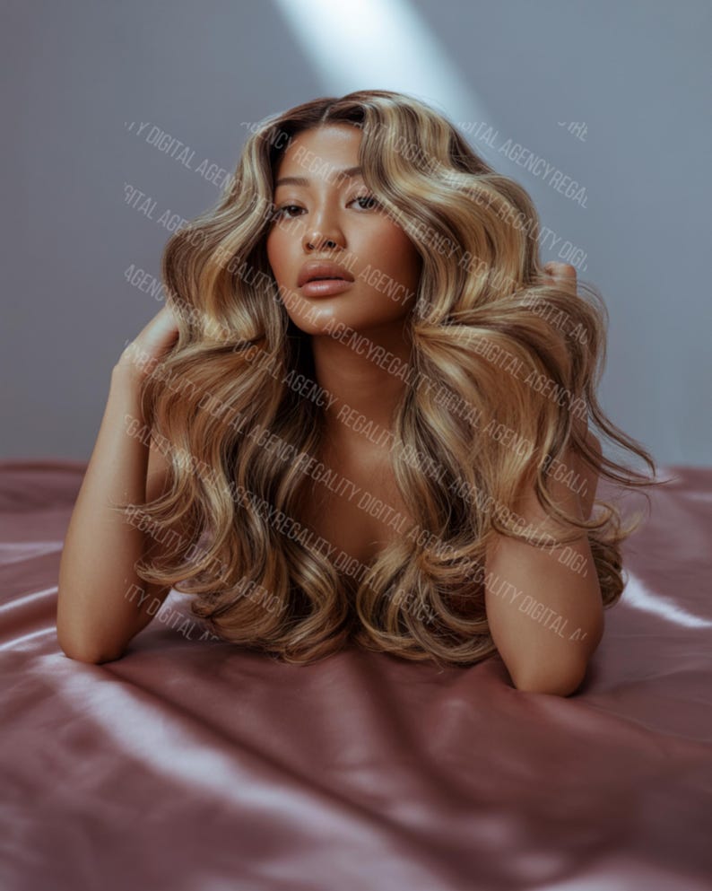 Hair model photo featuring long voluminous styled hair for hair extension, wig and beauty brand marketing