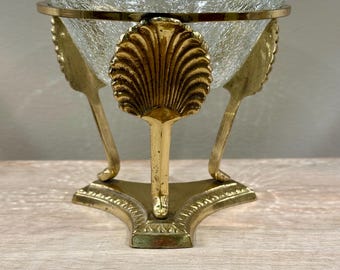 Vintage Hosley Messingschalenständer mit geätzter Glasschale, ideal für Kerzen oder Potpourri