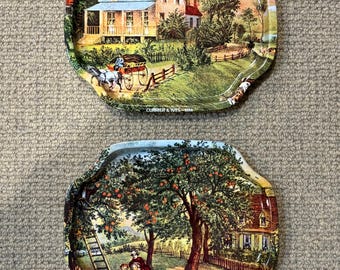 Set of 2 Vintage Currier and Ives Tin Trays, great Pastoral Scenes, Hang on wall or use in plate stands.